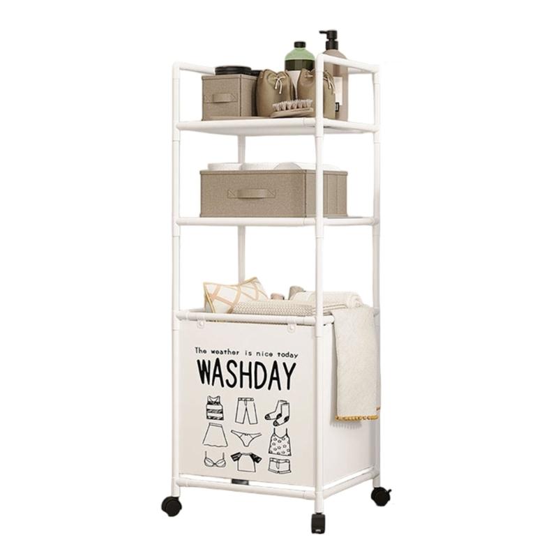 Sturdy Metal Frame Laundry Hamper Rolling Wheels Foldable Designs Removable Shelves for Home Organization Daily Use
