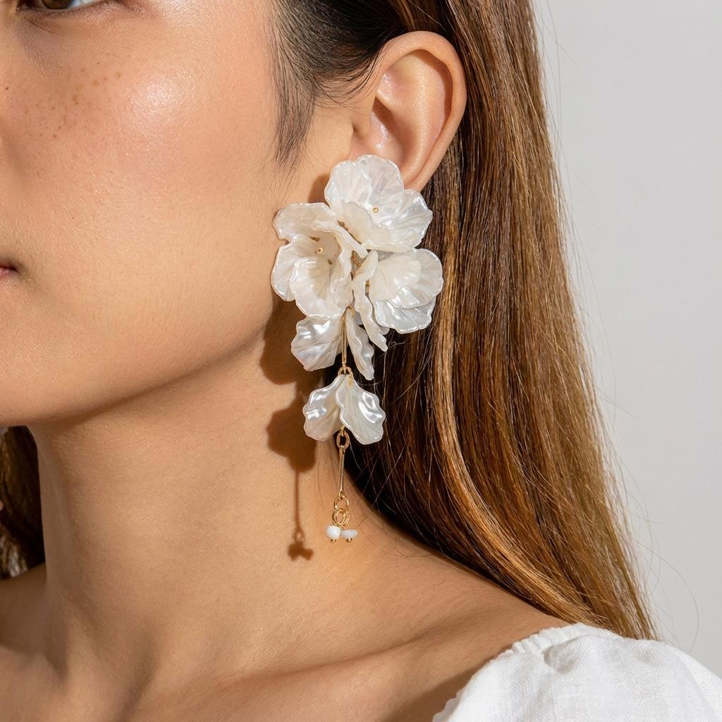 White Flower Drop Earrings for Women Elegant Layered Petal Tassel Drop Dangle Jewelry Daily Party Wedding Accessories Gift