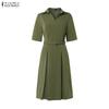 ZANZEA Women Casual Turn Down Collar Solid Color Half Sleeve Dress