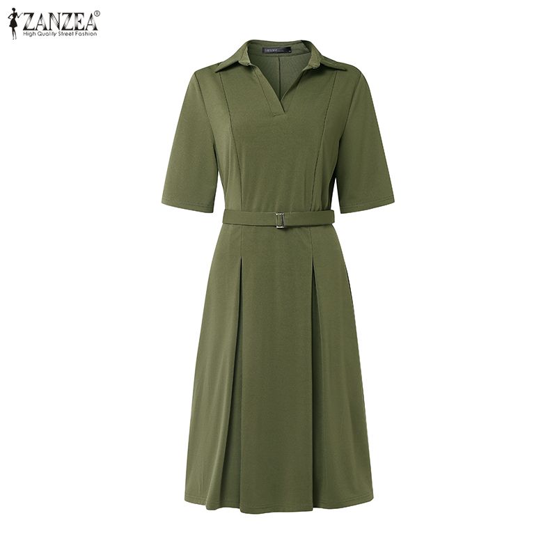 ZANZEA Women Casual Turn Down Collar Solid Color Half Sleeve Dress