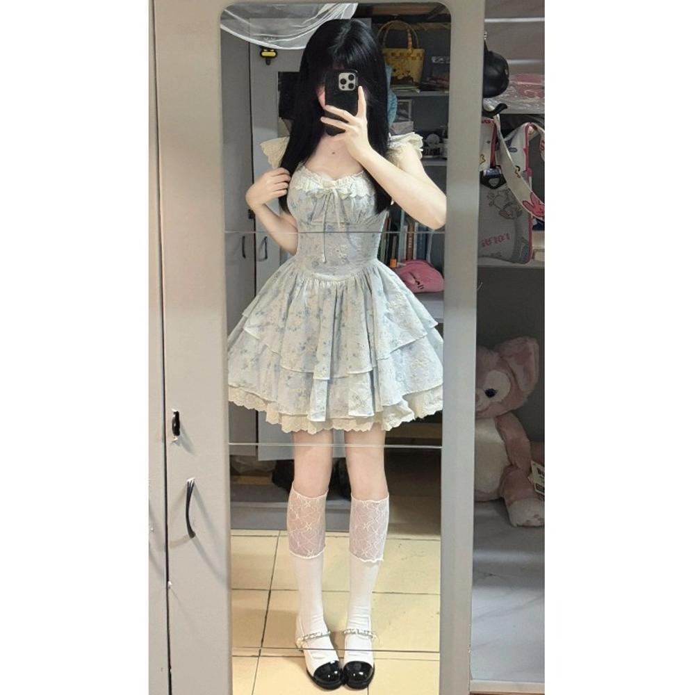 

Летнее новое кружевное платье с цветочным принтом, повседневное женское, с тонкой талией, маленькими рукавами-крылышками, пышной короткой юбкой принцессы XL- (recommended 110-60kg) синий