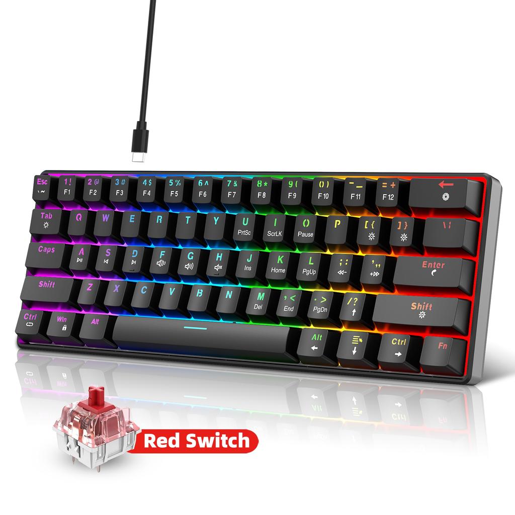 V900 61 Keys Wired Mechanical Gaming Keyboard, Red Switch, RGB Backlit, Ultra-Compact Mini Portable Hot-Swappable Keyboard