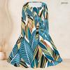 Women Plus Size Square Neck Long Sleeve Green Blue Printed A Line Flared Dress With Belt