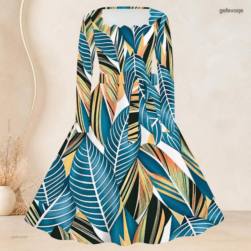 Women Plus Size Square Neck Long Sleeve Green Blue Printed A Line Flared Dress With Belt