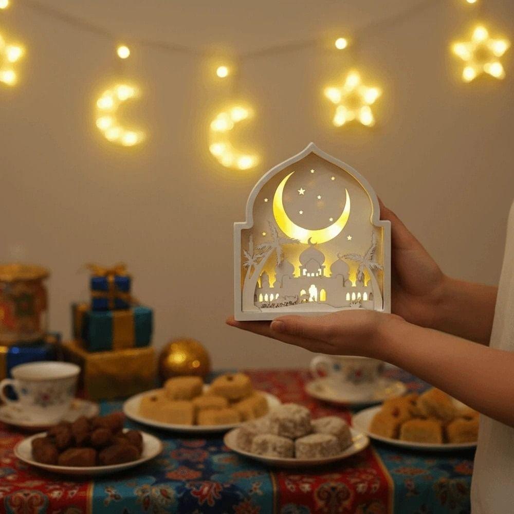 Creative Eid Desktop Ornament Moon Eid Wooden Decoration Night Light Ornament  Family Gatherings