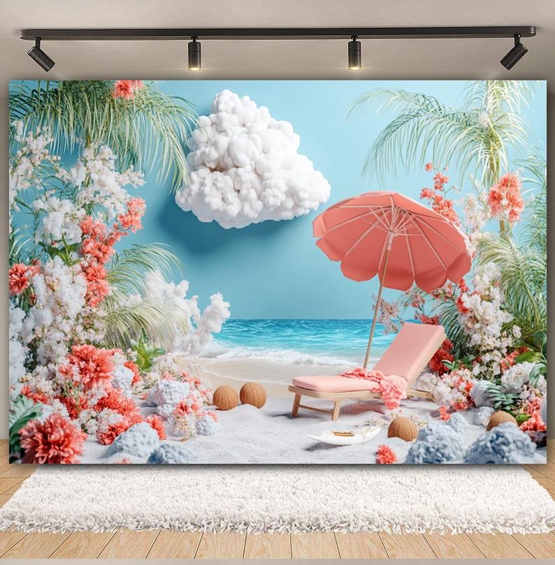 Summer Beach Backdrop Hawaii Tropical Seaside Sunshine Blue Sky Palm Tree Baby Birthday Holiday Party Photography Background