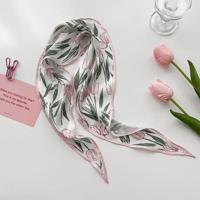 Fashion Silk Satin Scarf Women Long Headband Cute Neckerchief Flora Print Hair Tie Scarfs For Ladies Skinny Hairband Bag Scarves