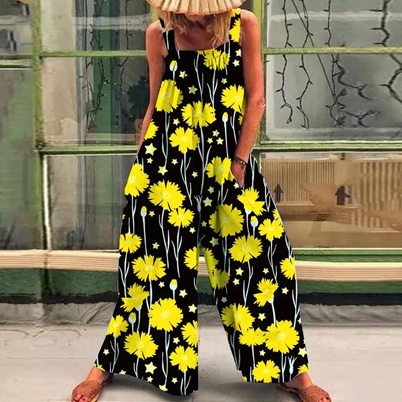 2026 Summer Plus-Size Women's Printed Strappy Wide-Leg Jumpsuit