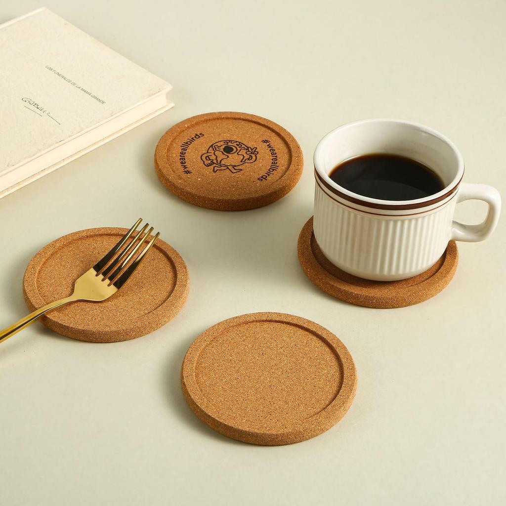 Aninako Cork Coasters, Pack of 12, Wooden Round Coasters, 100mm Diameter, 10mm Thick, High Density, Mildew Resistant, Heat Resistant, Non-Slip,