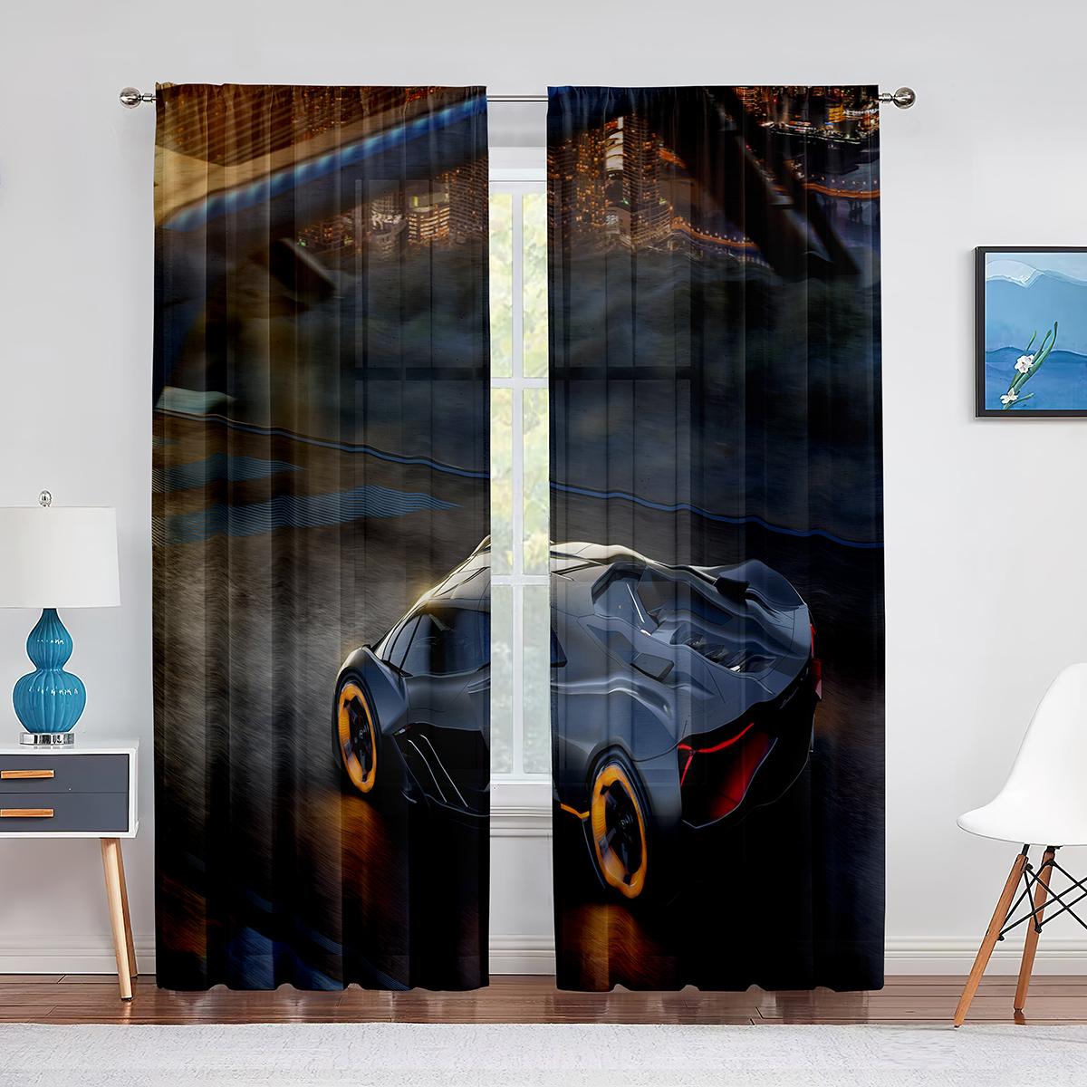 Тюлевые шторы со спортивным автомобилем и американским флагом для спальни — фото 15