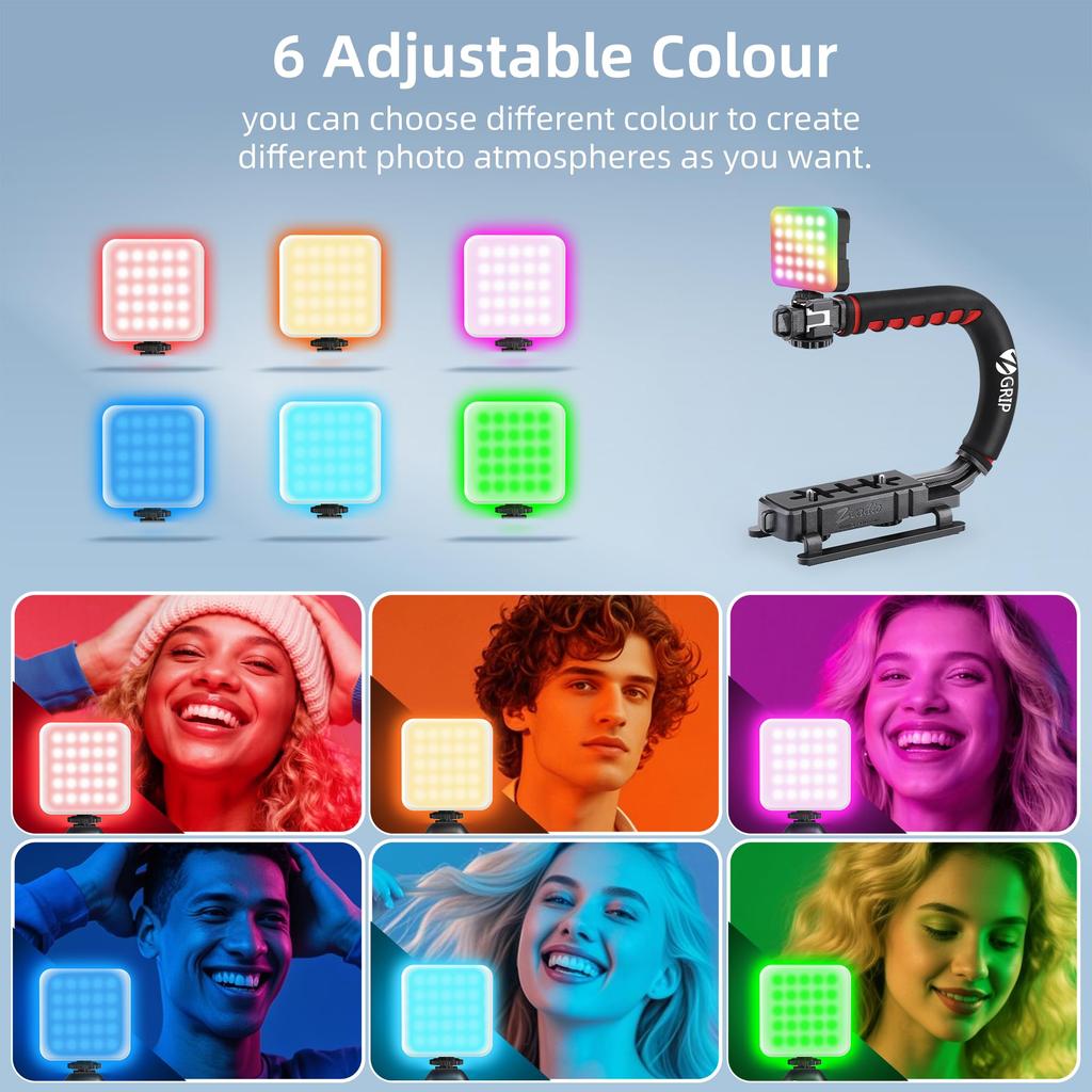 Zeadio Camera Smartphone Portable Handle Grip Handheld Video Rig with RGB Video Light Compatible with All Mirrorless and Smartphones & Stabilizer, &