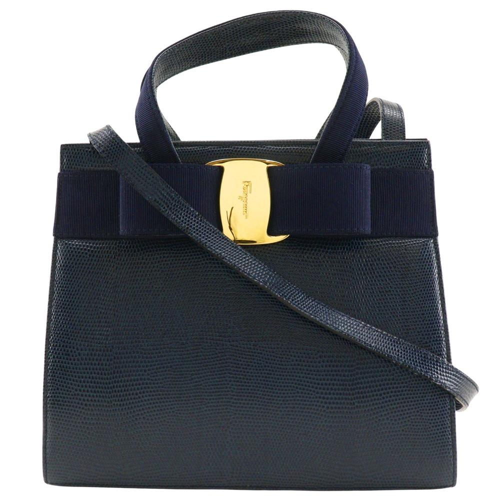 

Salvatore Ferragamo Vala Handbag BA21 4178 2WAYShoulder Navy blue Embossed Leather Women Used