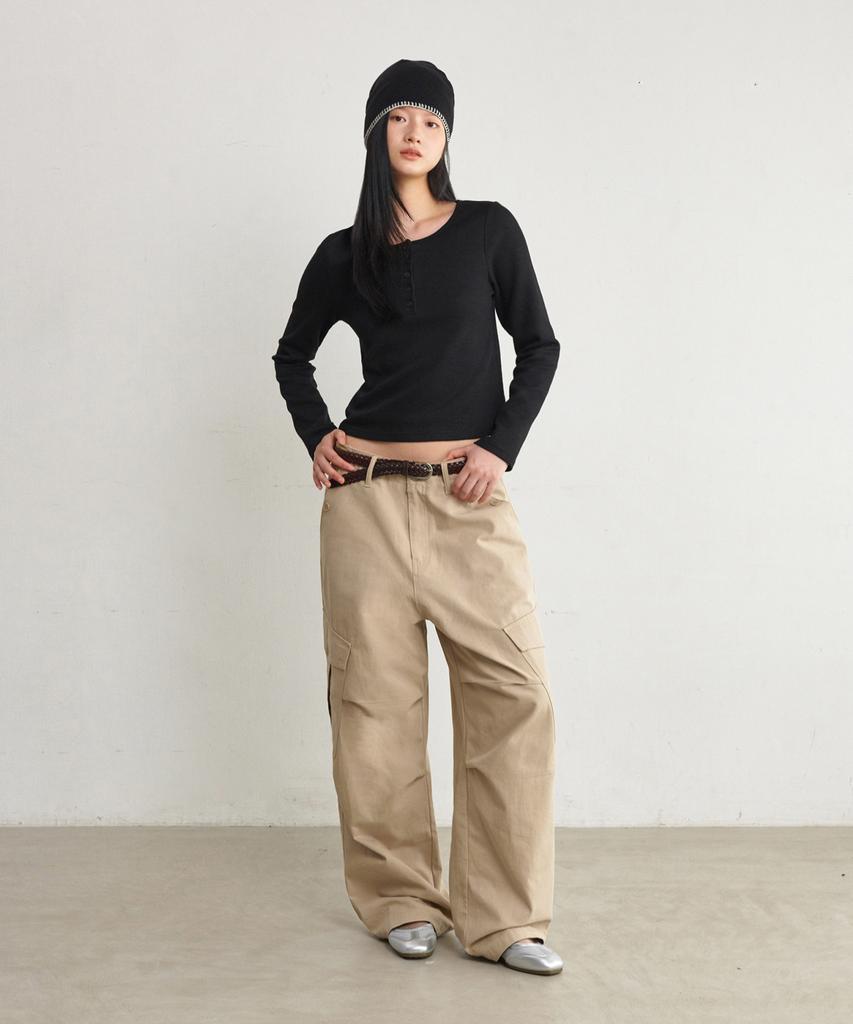 GLW [W] Steady Waffle Slim Henley Neck T-Shirt Black