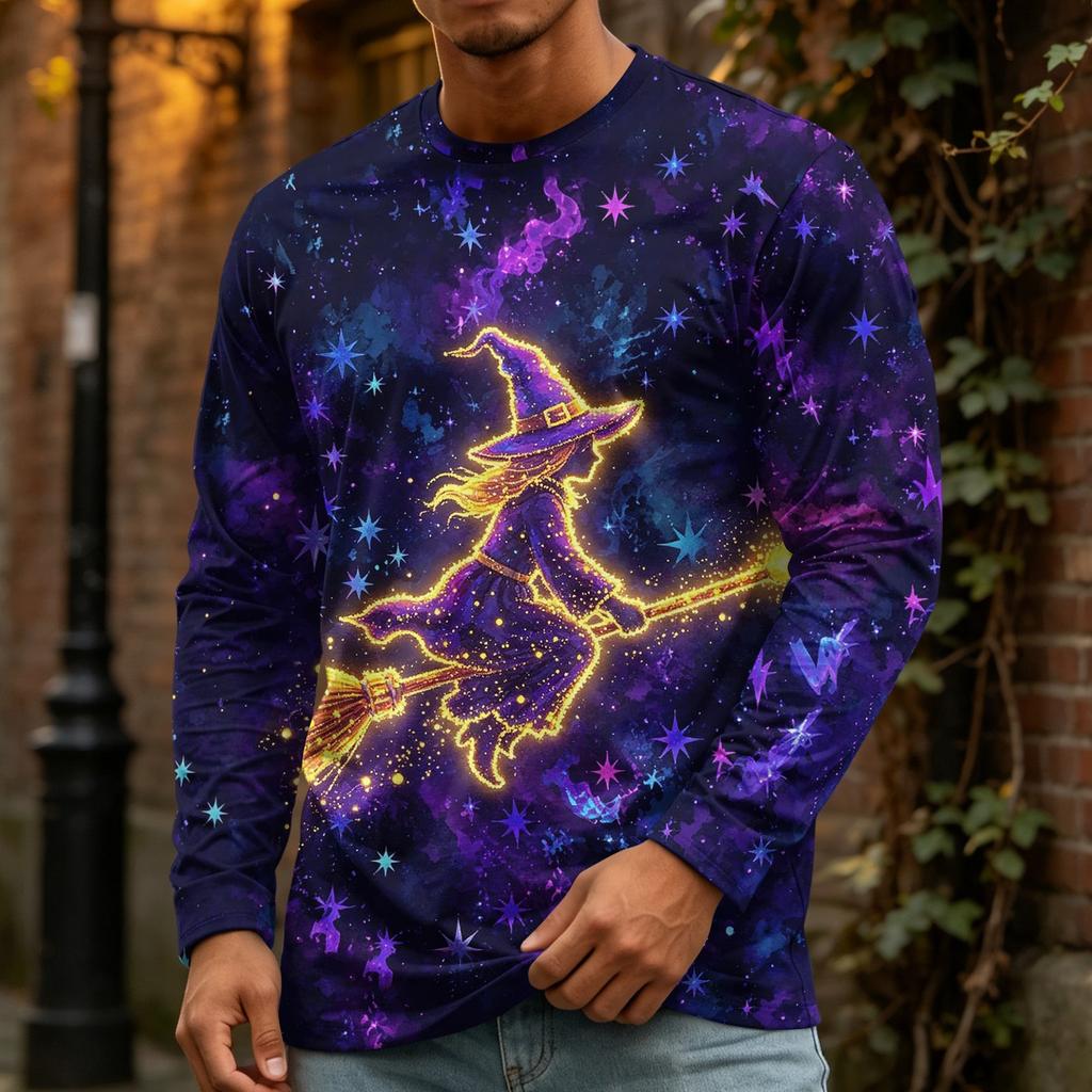 Men's Halloween Print Long Sleeve Neck T-Shirt Loose Fit Casual Top
