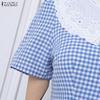 ZANZEA Women Casual Lace Splice Doll Collar Short Sleeve Plaid Print Dress