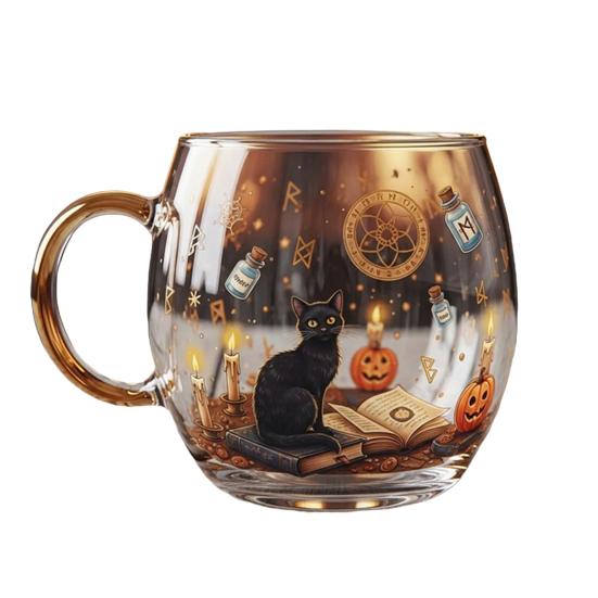 Halloween Painted Glass Mug Spooky Black Cat & Pumpkin Pattern