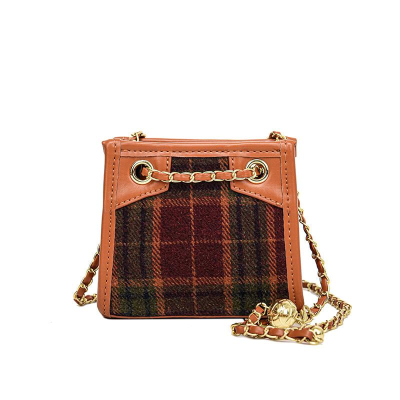 

Trendy Vintage Color Block Woolen Small Square Bag For Kids With Chain Strap Red Plaid