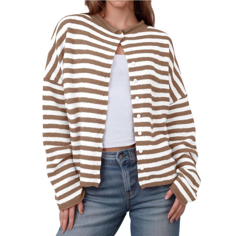 New Autumn Winter Women's Striped Contrast Sweater Long-sleeved Casual Cardigan
