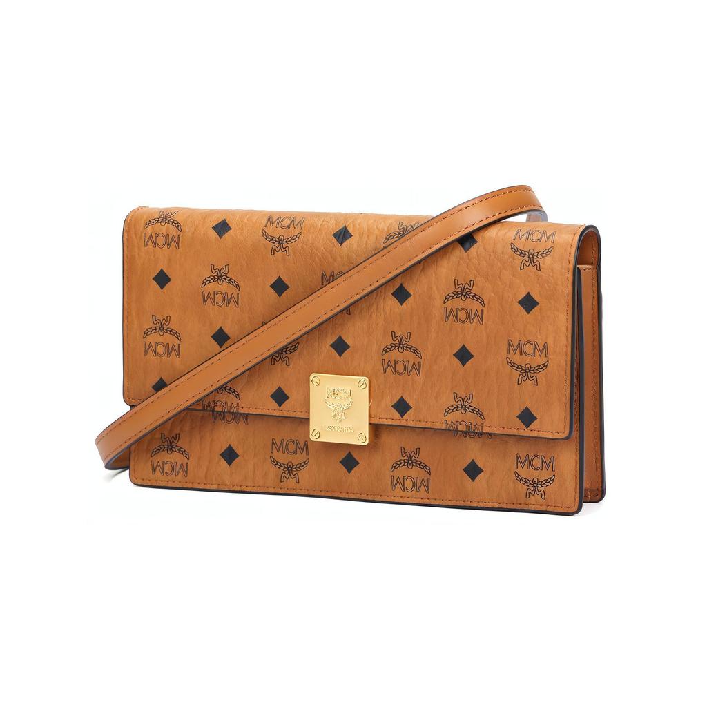 MCM Aren Visetos Klassisches Muster Messing Namensschild Kunstleder Geldbörse Umhängetasche Große Damen Taschen Brandy MYLFATA01CO001