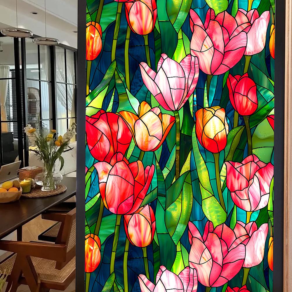 Colorful Retro Floral & Bird Static Cling Window Film - No Glue, Removable