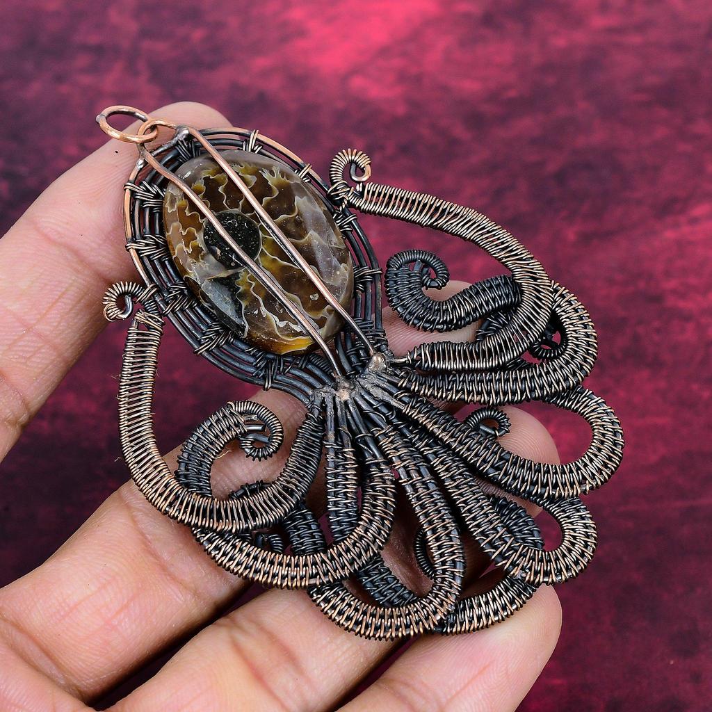 Ammonite Fossil Gemstone Pendant Octopus Pendant Copper Wire Wrapped Jewelry