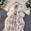 Romantic vacation style floral neck dress women's summer sleeveless lace-up atmosphere waist thin ruffle edge long dress