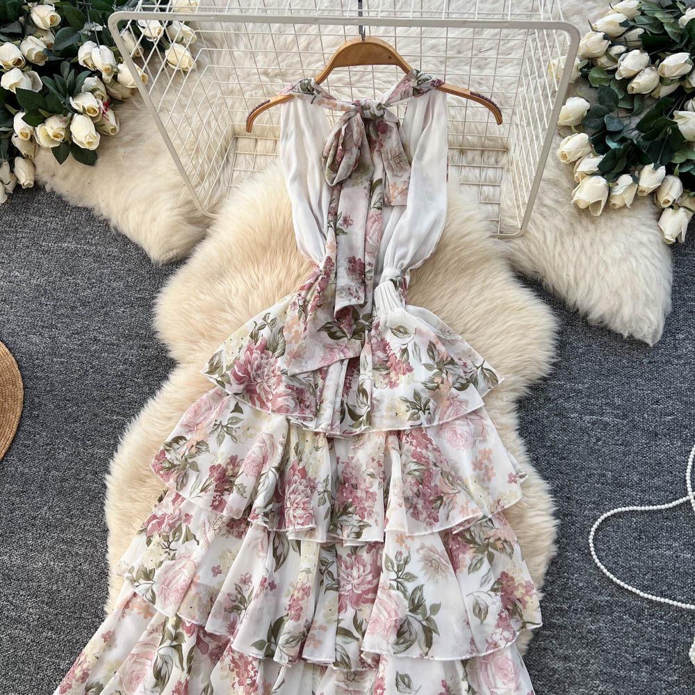 Romantic vacation style floral neck dress women's summer sleeveless lace-up atmosphere waist thin ruffle edge long dress