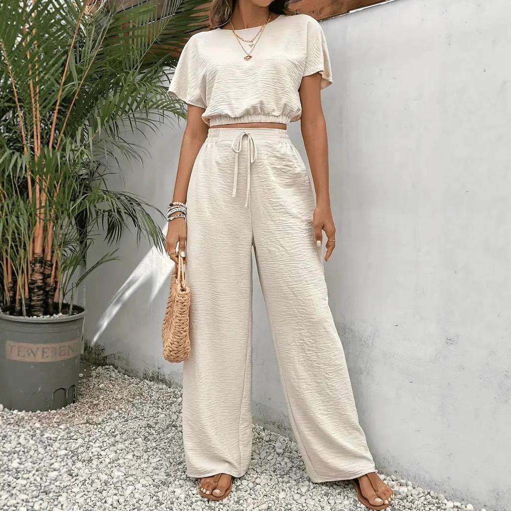 Elegant Women's Solid Color Two-Piece Set: Round Neck T-shirt & Waist-Cinching Straight Leg Pants.