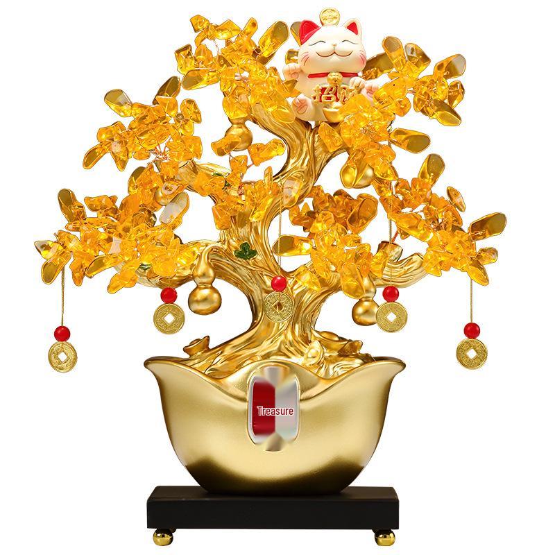Crystal Money Tree Ornament: Lucky Cat Treasure Bowl for Living Room, Office, Shop, or TV Cabinet Decoration