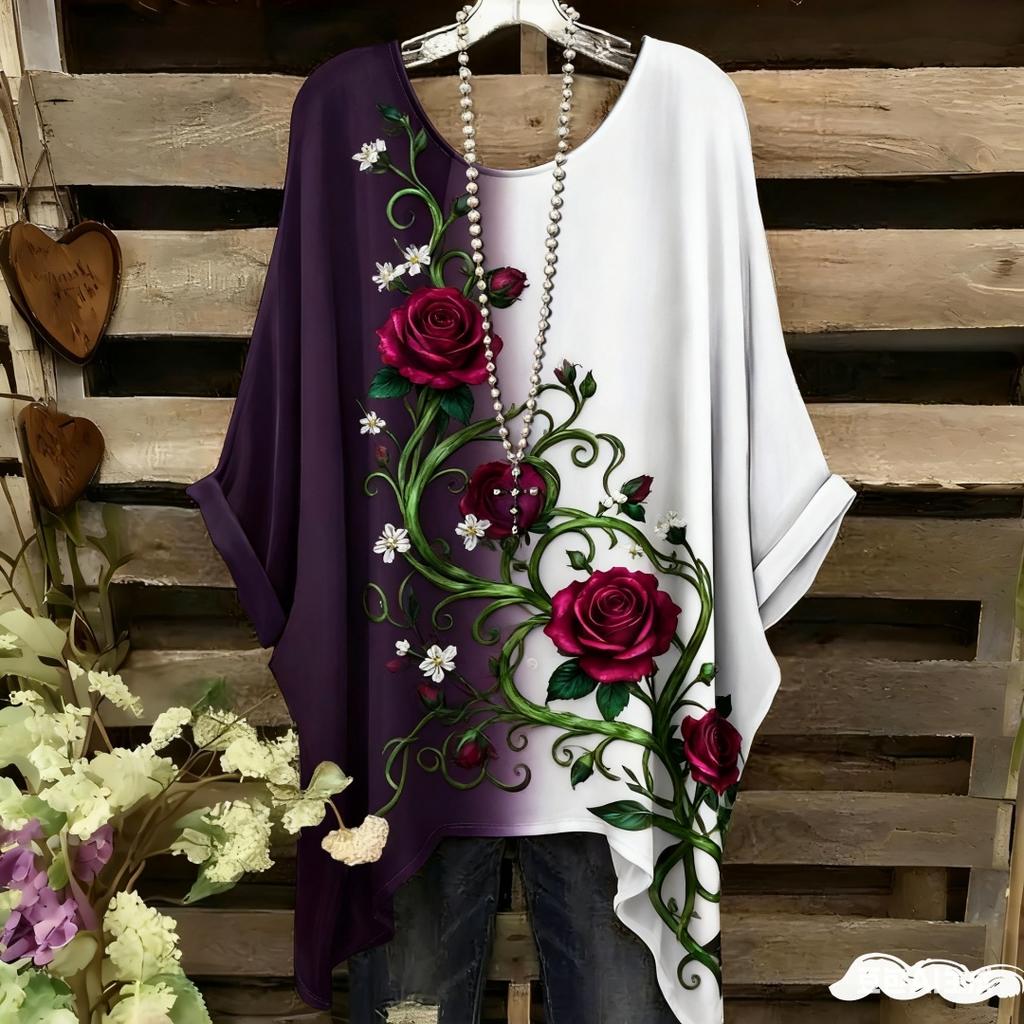 Damen Elegantes Bohemian Zweifarbiges T-Shirt - Herz & Blumendruck Mit Schmetterling Damenbekleidung Trend 2025 Grafik T-Shirts