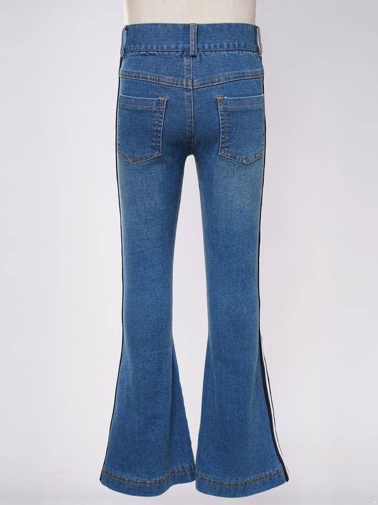Kids Girls Casual Stripe Side Long Pants Elastic Waistband Ripped Bell-bottom Hem Denim Pants