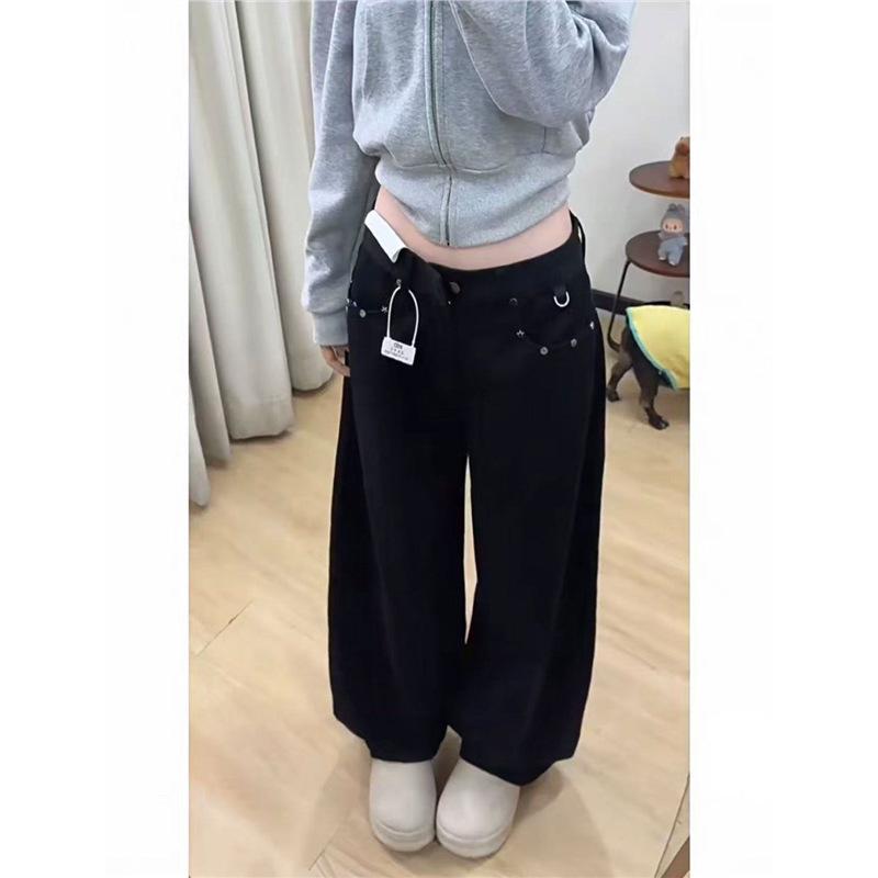 

Women s High Waist Vintage Patchwork Denim Wide-Leg Pants Small чёрный