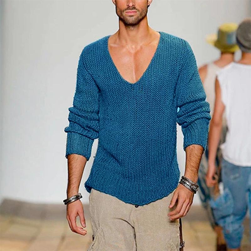 Maglione Pullover Casual da Uomo con Scollo a V Profondo, Manica Lunga, in Maglia, Colore Unito, Vestibilità Larga per Autunno Inverno