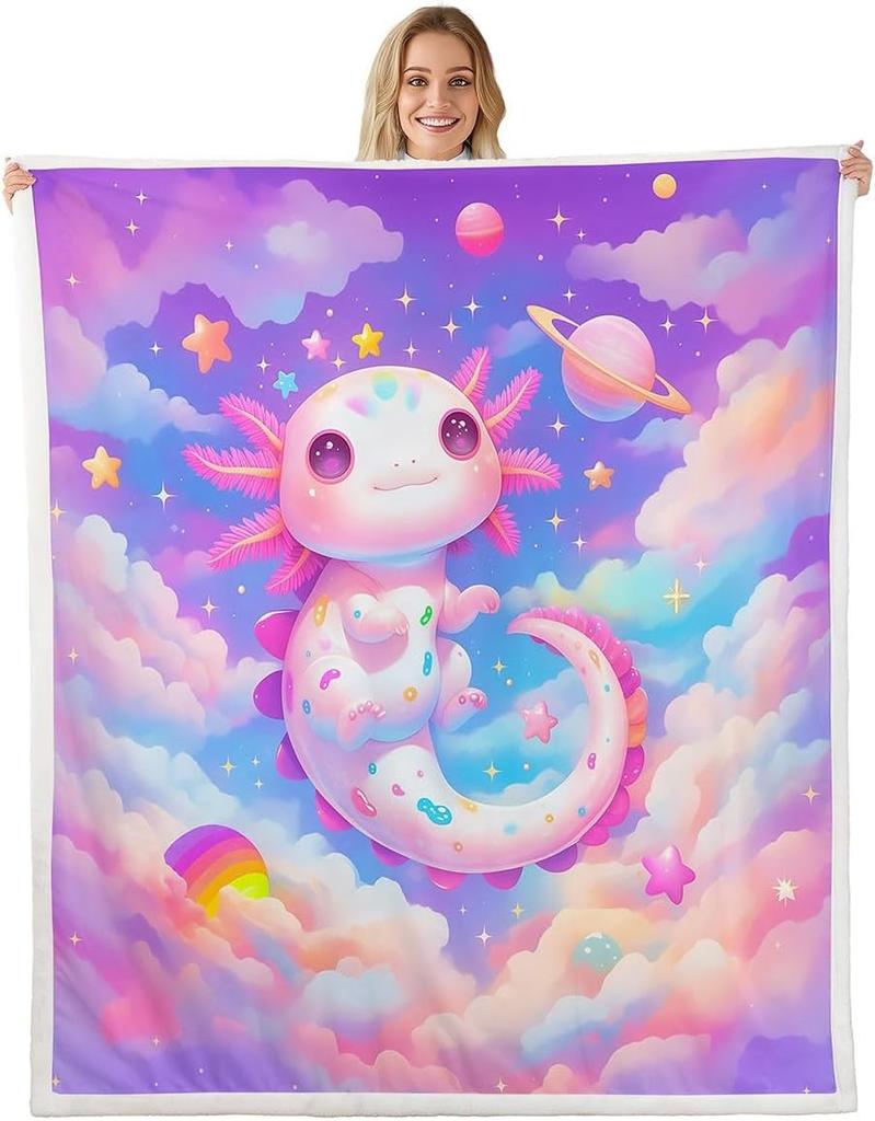 Cute Pink Axolotl Blanket Soft Fleece Throw Cherry Blossom Design Fantasy Art Kids Room Decor