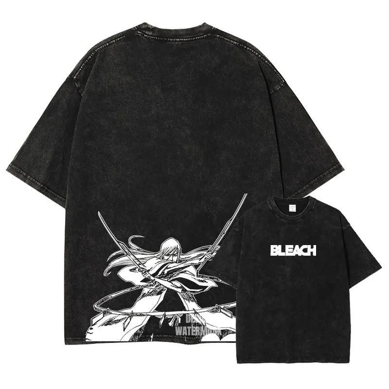 Anime B-Bleach T Shirts Vintage Washed Kurosaki Ichigo T-shirt Streetwear Manga Renji Zaraki Kenpachi Tops Tees Man
