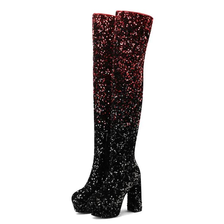 Europäische und amerikanische sexy Paillettenstoffe mit Farbverlauf, High Heels, Seitliche Reißverschlüsse, Knielange Mode-Stiefel, Damenstiefel mit dicker Sohle