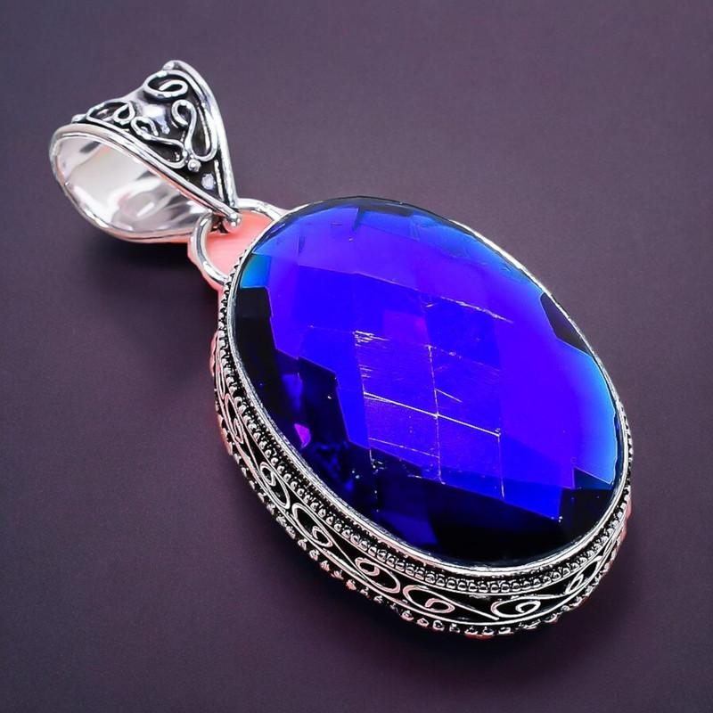 Piatră prețioasă Topaz Albastru Londra Lucrat manual Argint Sterling 925 Bijuterii Pandantiv 2,17" AH-763