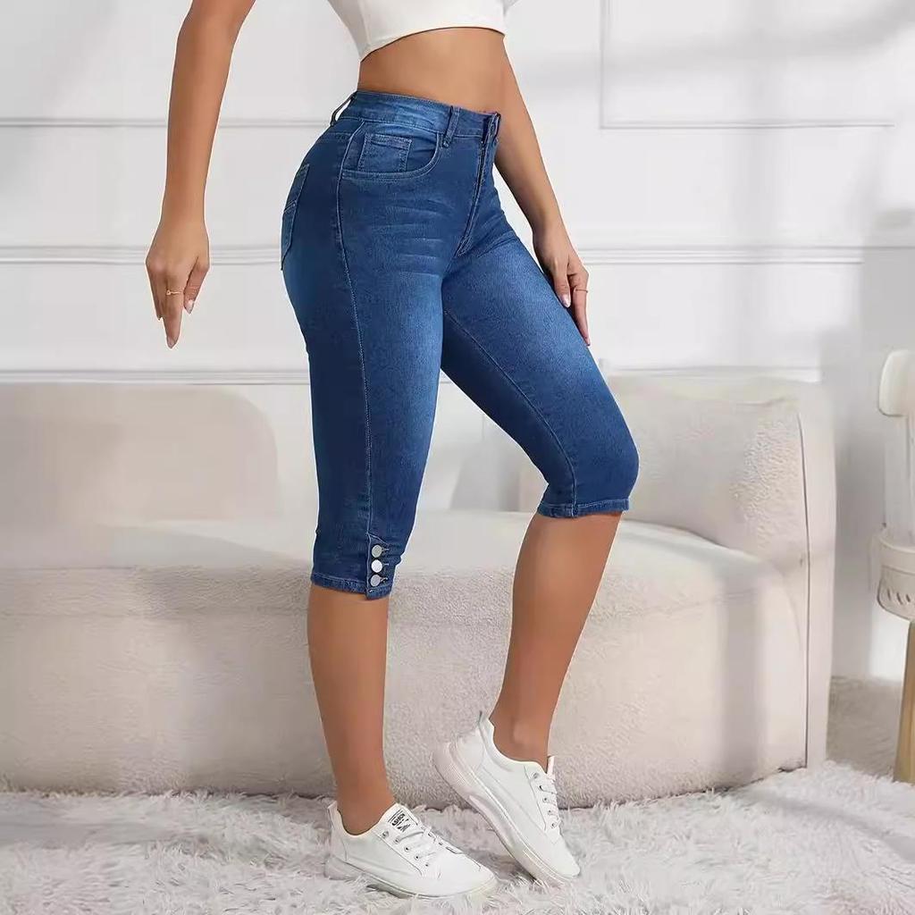 Women's Plus Size High Waist Stretch Skinny Jeans - Button-Up, Solid Color, Casual Summer Street Fashion Shorts