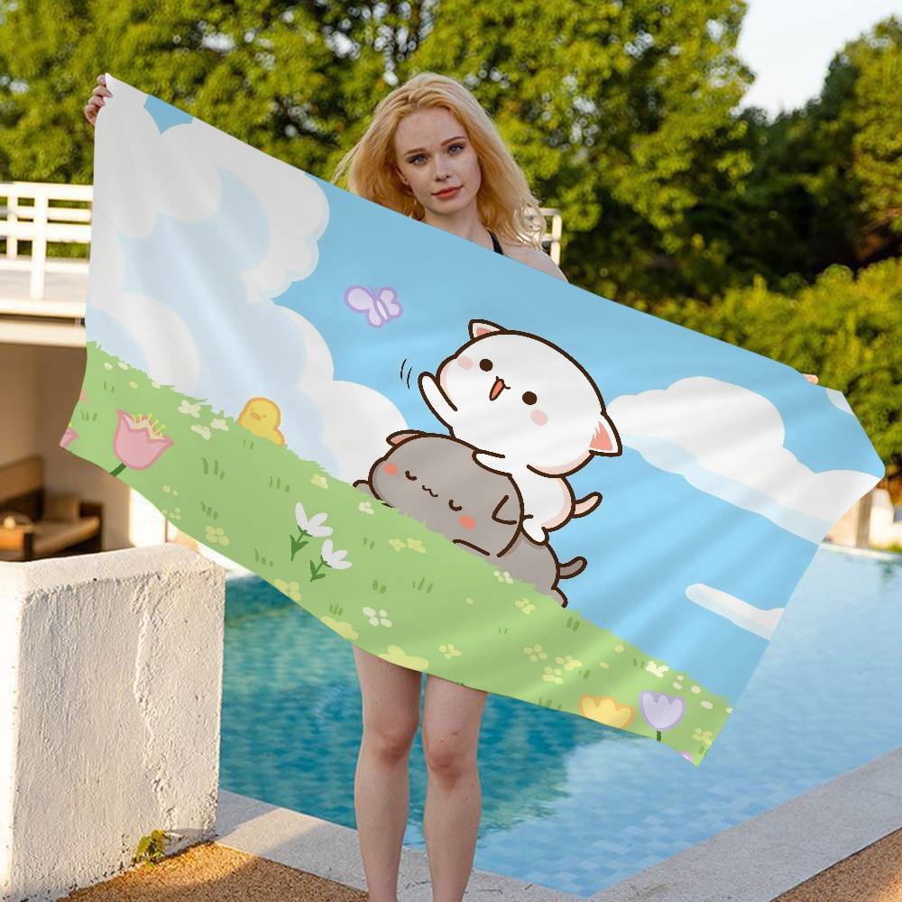 Cute blue Peach Mochi Cat Anime Beach Swimming Towel Soft Absorbent Washcloth Children's Gifts For Kids Travel Camping Gym