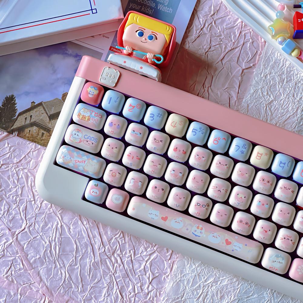 Sweetheart Cat Pink Dream Keycap Mog Height Pbt Keycap Mushroom Shape 140 Keys Cute Cartoon Pink Diy Round Keycaps