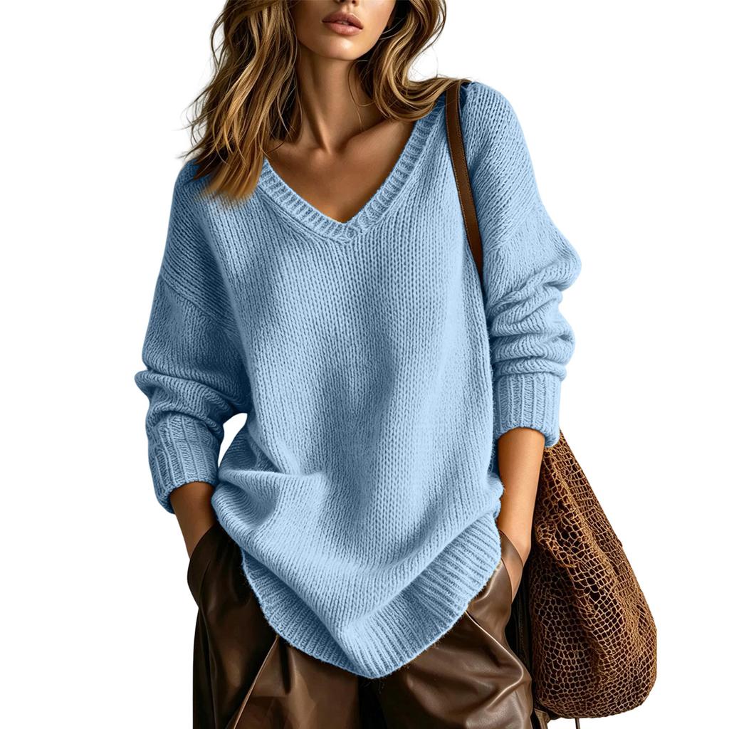 Women's Cozy V-Neck Knit Sweater Loose Fit Slimming Pullover Top