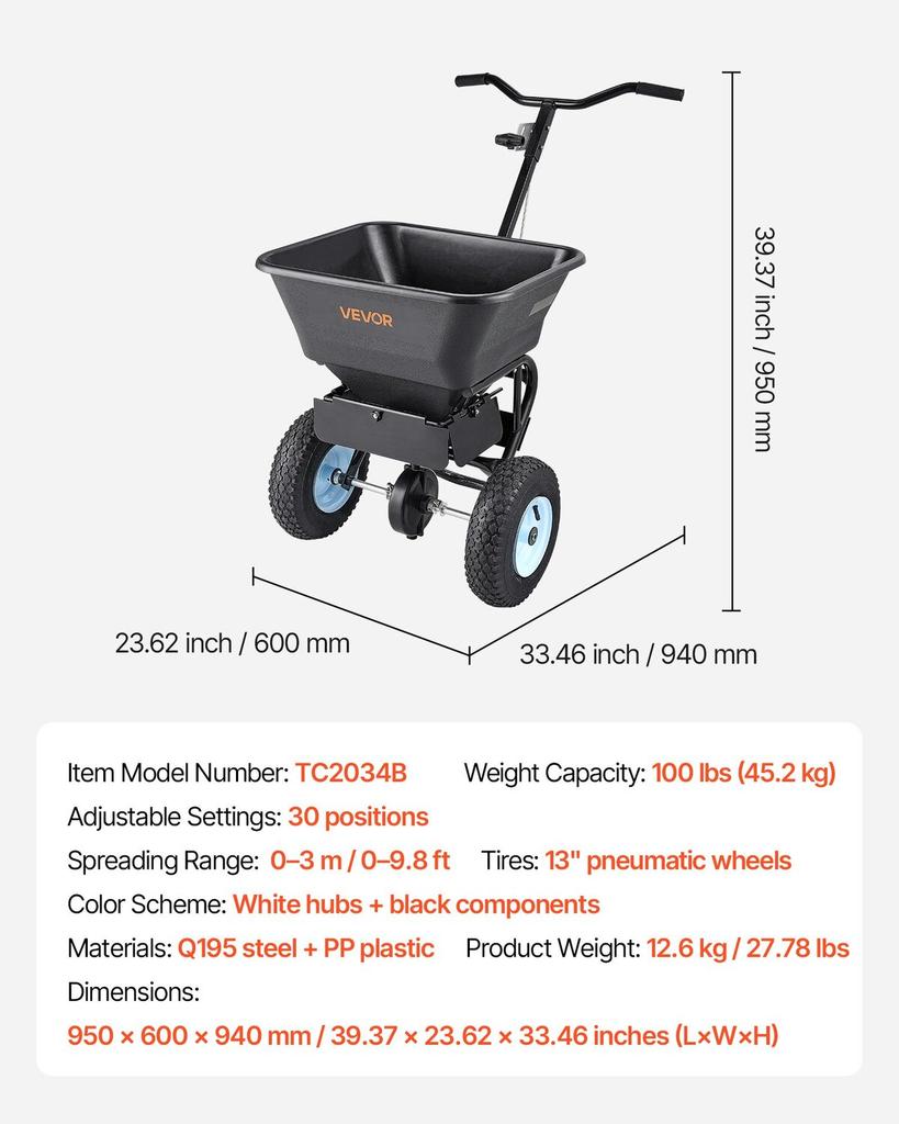 Lawn Spreader, 100LBS Capacity, Walk-Behind Push Spreader, 0-9.8ft Spreading Width, 13 in All Terrain Pneumatic Tires, Fertilizer Spreaders with