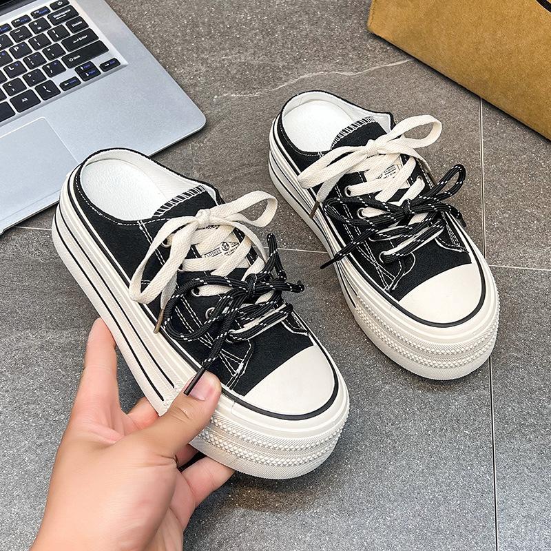 Thick-soled heightening half-tray espadrilles women's 2025 summer new one-pedal versatile flat-bottomed lightweight breathable board shoes women