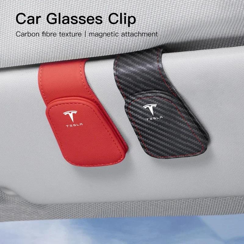 Car Sticker Tesla Leather Car Glasses Sun Visor Box Auto Sunglasses Clip Card For Tesla Model 3 Y S X Cybertruck Highland Coil J