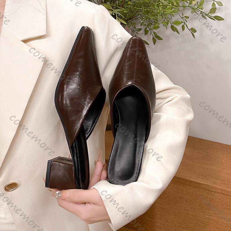 Comemore Summer Women's Elegant Thick Heeled Half Slippers Outdoor Wear Plus Size Mid-Heel Mules Slides Sandal Solid Shoes Women