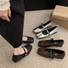 Silver square head single shoes women's 2025 new spring and autumn with skirt French evening breeze flat bottom light mouth Mary Jane small leather 