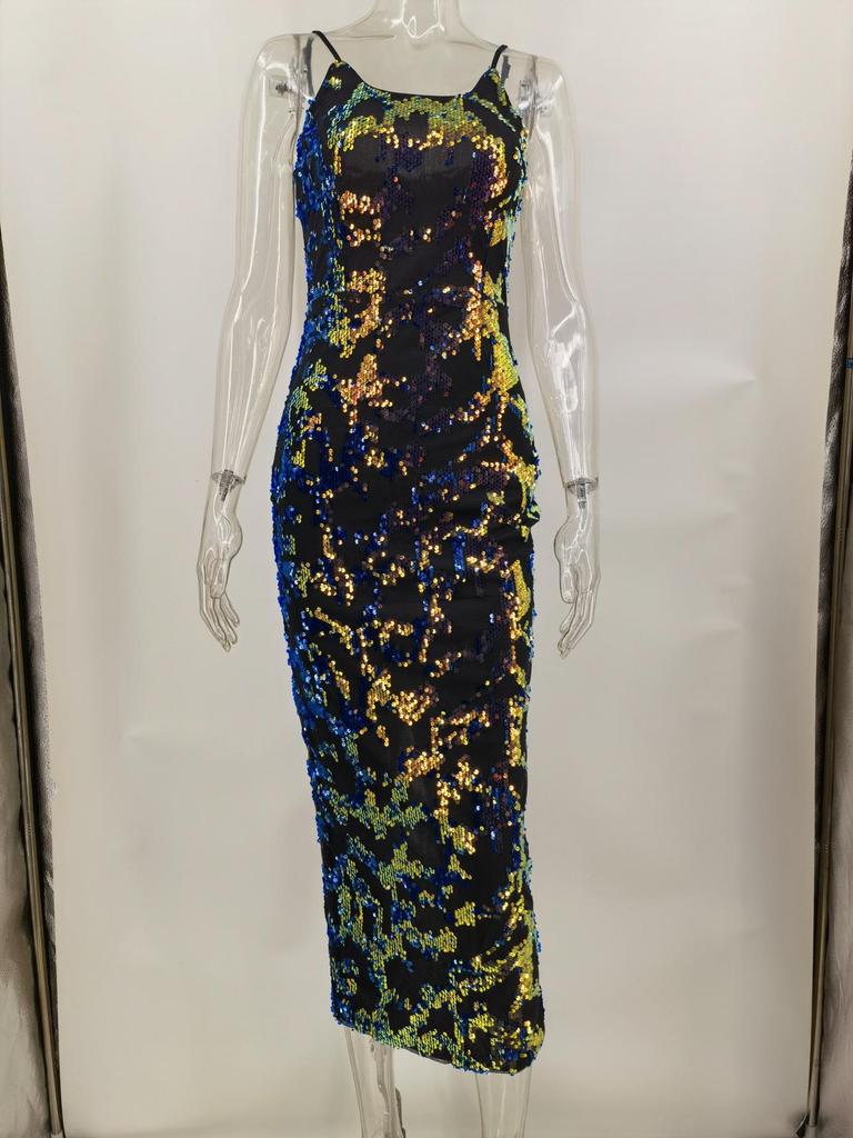 Elegant Women's Spaghetti Strap Backless Long Evening Dress - Sexy & Elastic Design