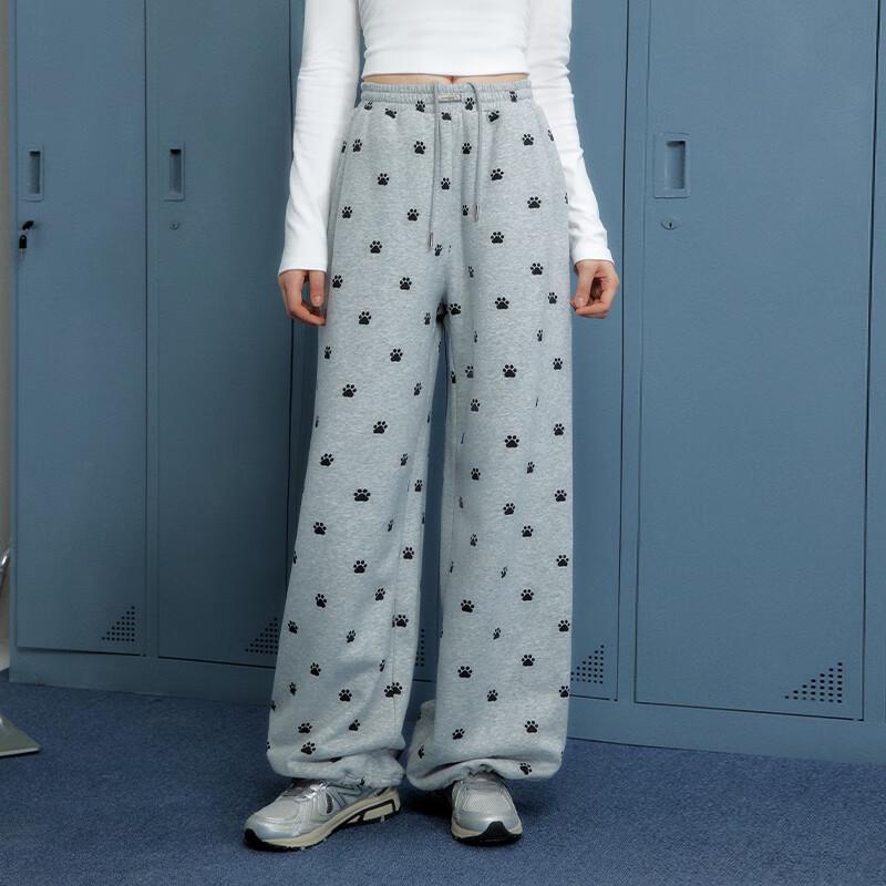 UNIFREE Plush Lined Casual Wide Leg Pants with Paw Print