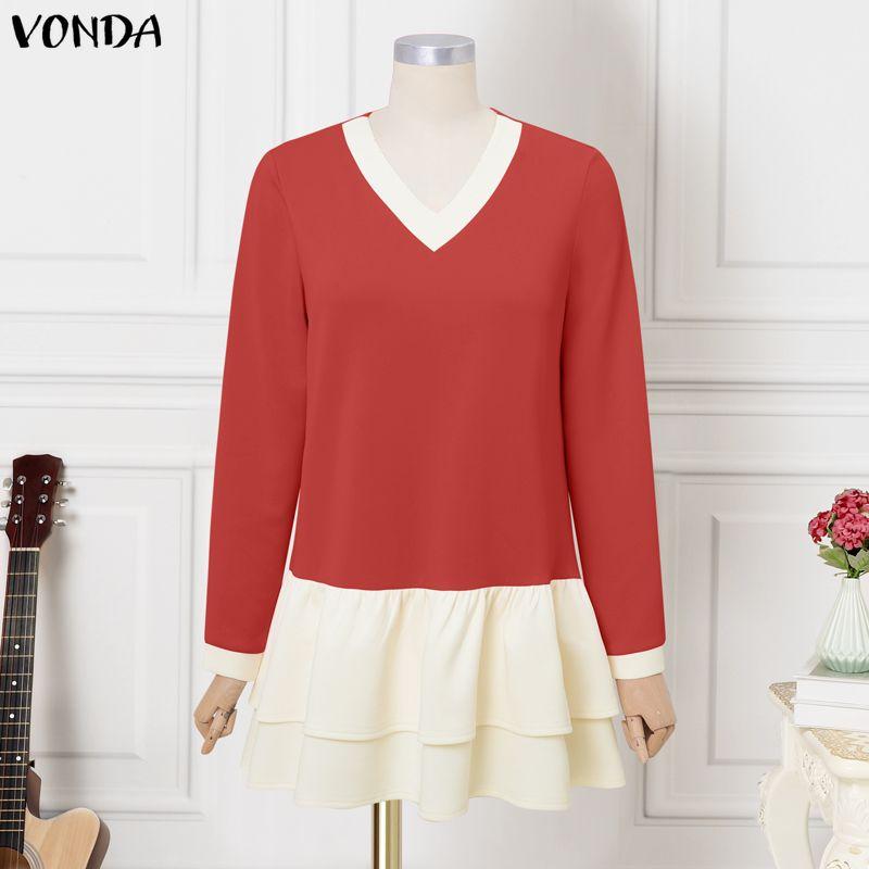VONDA Women Casual V Neck Long Sleeve Patchwork Ruffled Dress