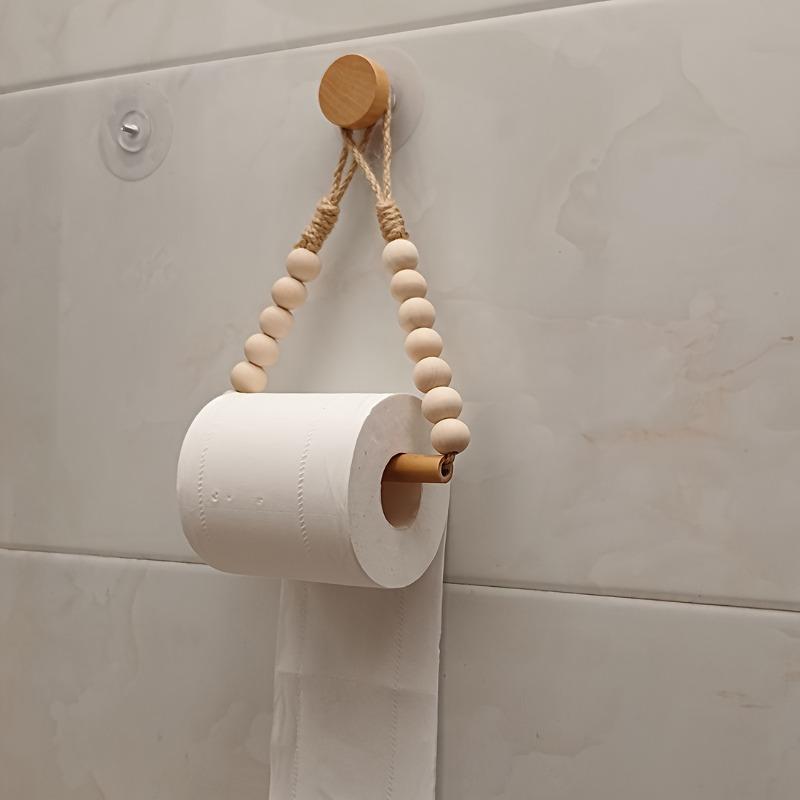 Rustic Wood No-Drill Toilet Paper Holder - Jute Cord & Beads Wall-Mounted Dispenser for Standard TP Rolls